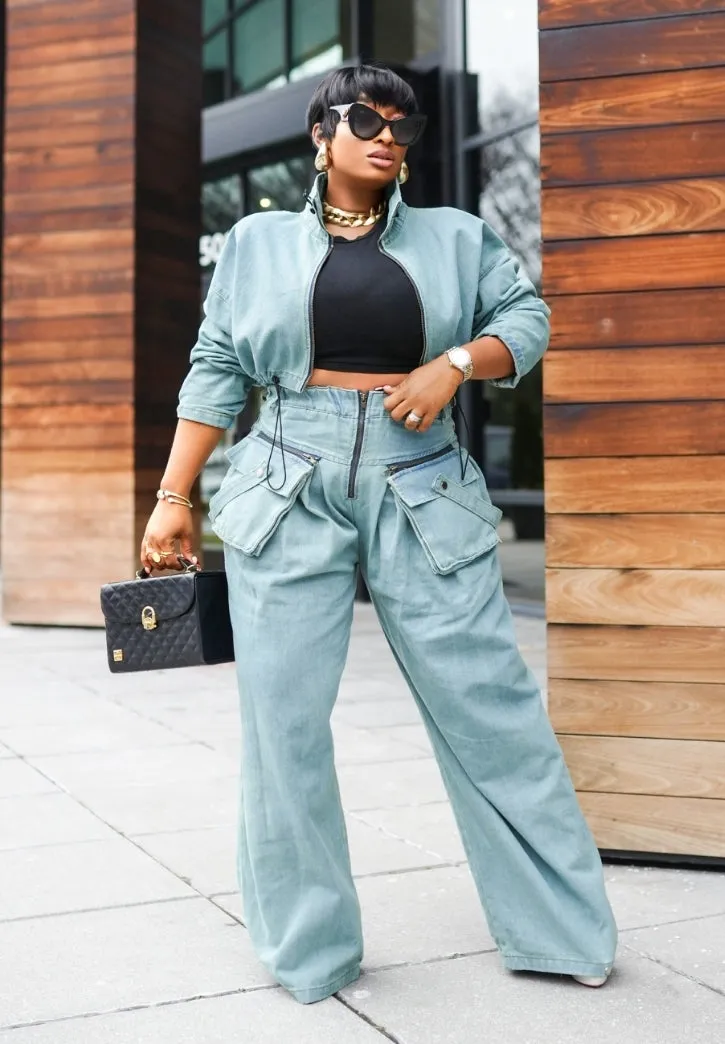 Fashion Forward Diva- 2pcs Denim Crop Blouse/Cargo Pant Set (NEW! 2 colors)