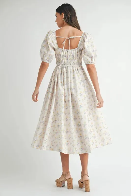 Floral Drawstring Puff Sleeve Midi Dress