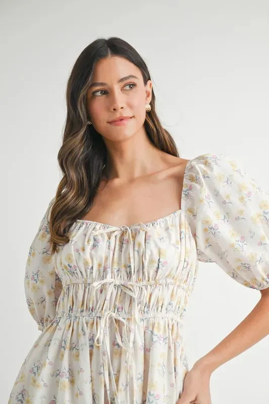Floral Drawstring Puff Sleeve Midi Dress