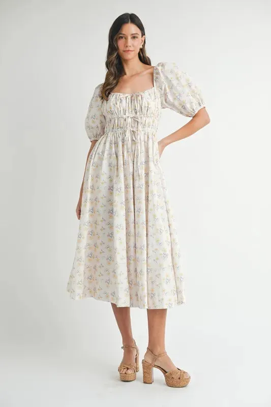 Floral Drawstring Puff Sleeve Midi Dress