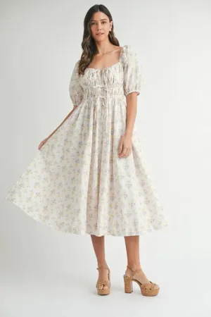 Floral Drawstring Puff Sleeve Midi Dress