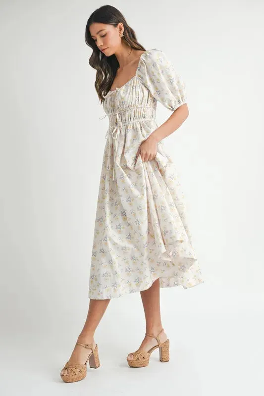 Floral Drawstring Puff Sleeve Midi Dress