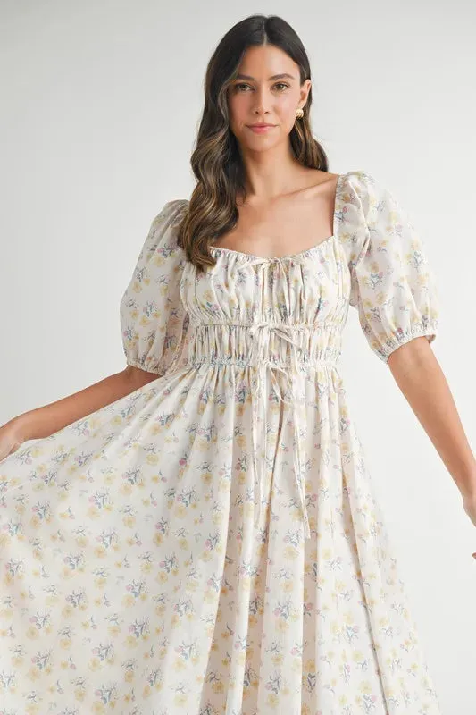 Floral Drawstring Puff Sleeve Midi Dress