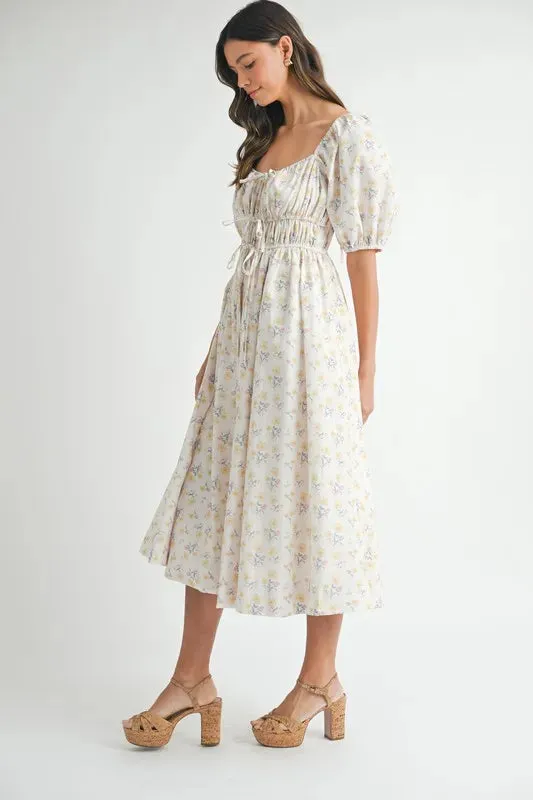 Floral Drawstring Puff Sleeve Midi Dress