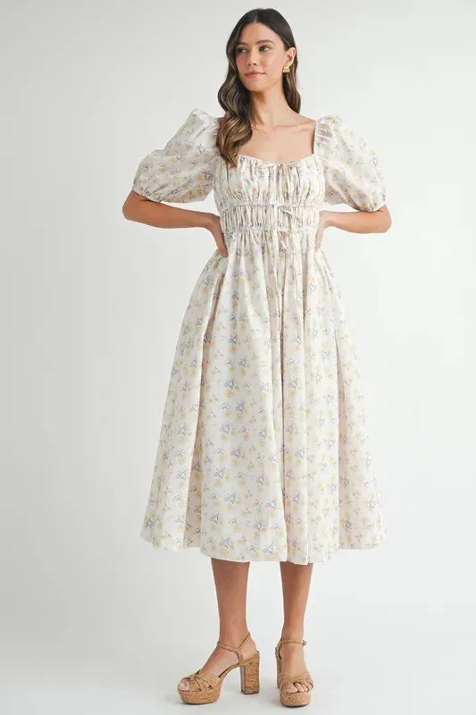 Floral Drawstring Puff Sleeve Midi Dress