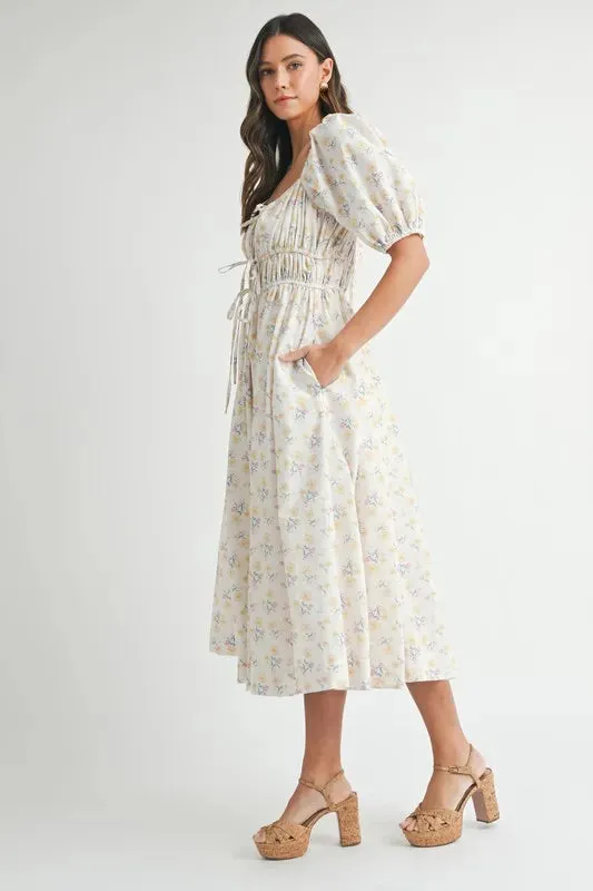 Floral Drawstring Puff Sleeve Midi Dress