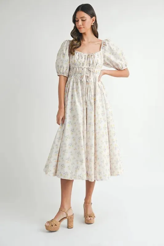 Floral Drawstring Puff Sleeve Midi Dress