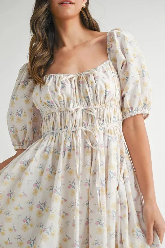 Floral Drawstring Puff Sleeve Midi Dress