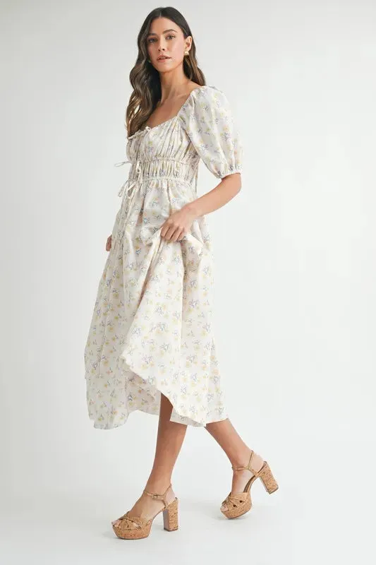 Floral Drawstring Puff Sleeve Midi Dress