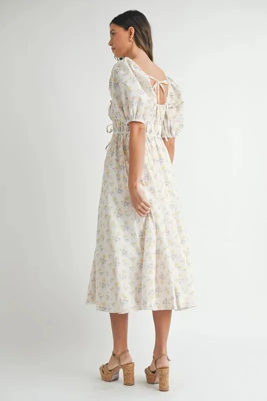Floral Drawstring Puff Sleeve Midi Dress