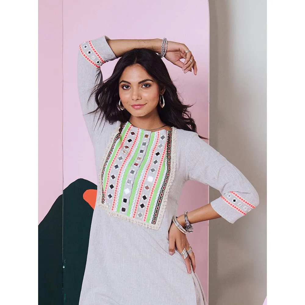 Gulaal Geet Grey Mirror Work Kurta Pant with Lace Detailing (Set of 2)