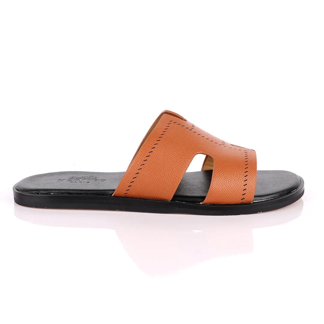 Hermes Paris Brown Black Pattern Design Leather Slippers