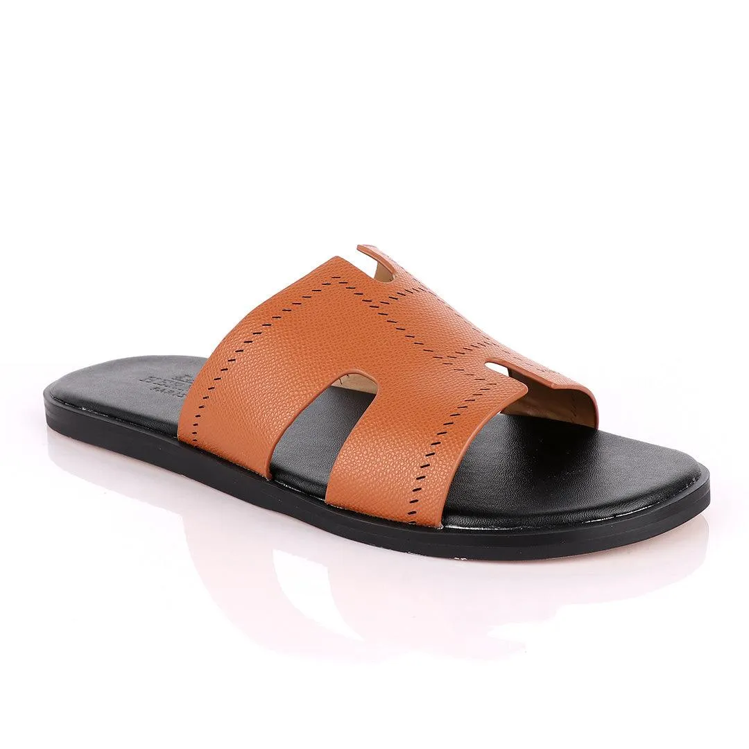 Hermes Paris Brown Black Pattern Design Leather Slippers