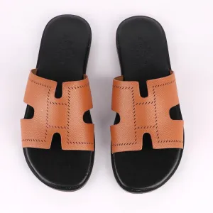Hermes Paris Brown Black Pattern Design Leather Slippers