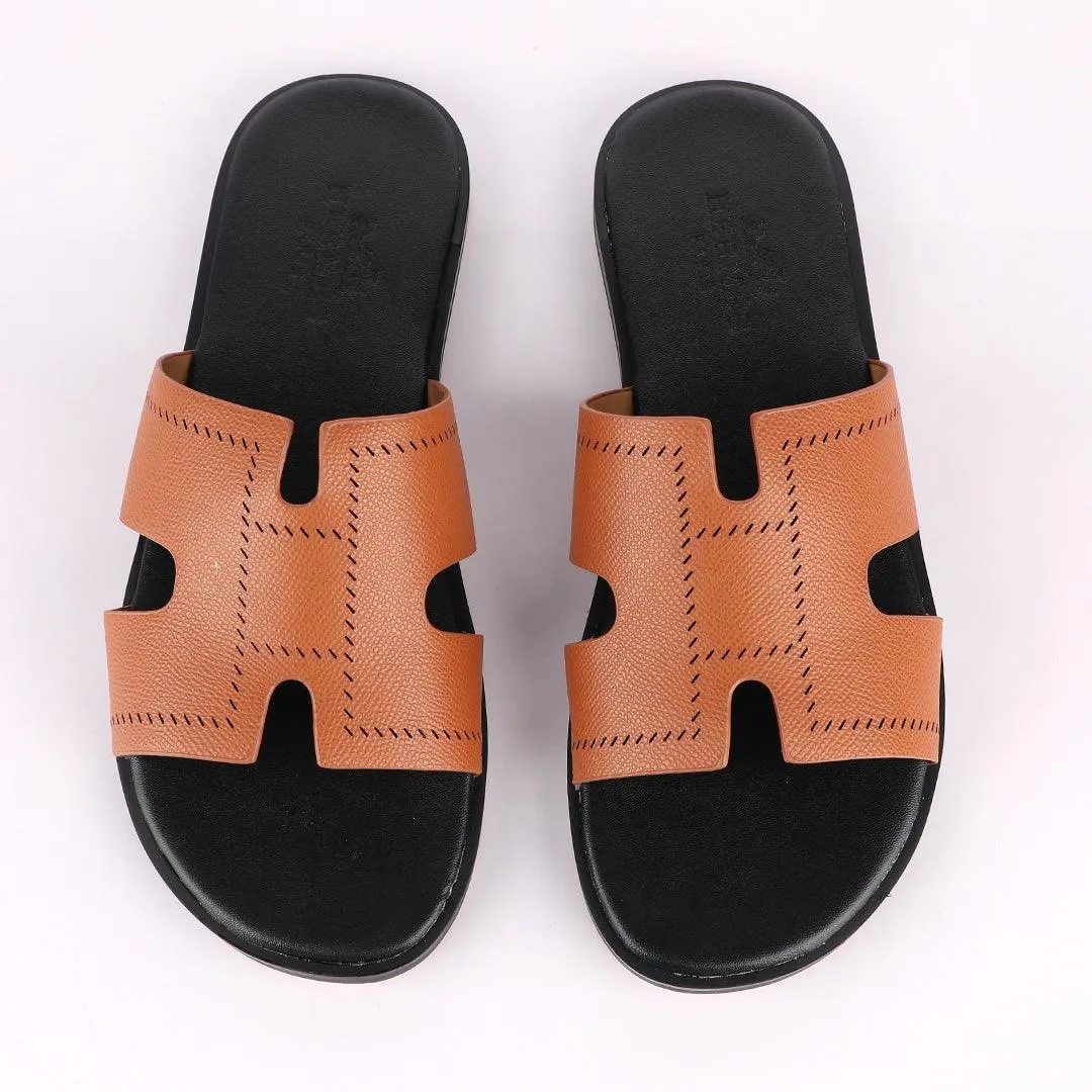 Hermes Paris Brown Black Pattern Design Leather Slippers