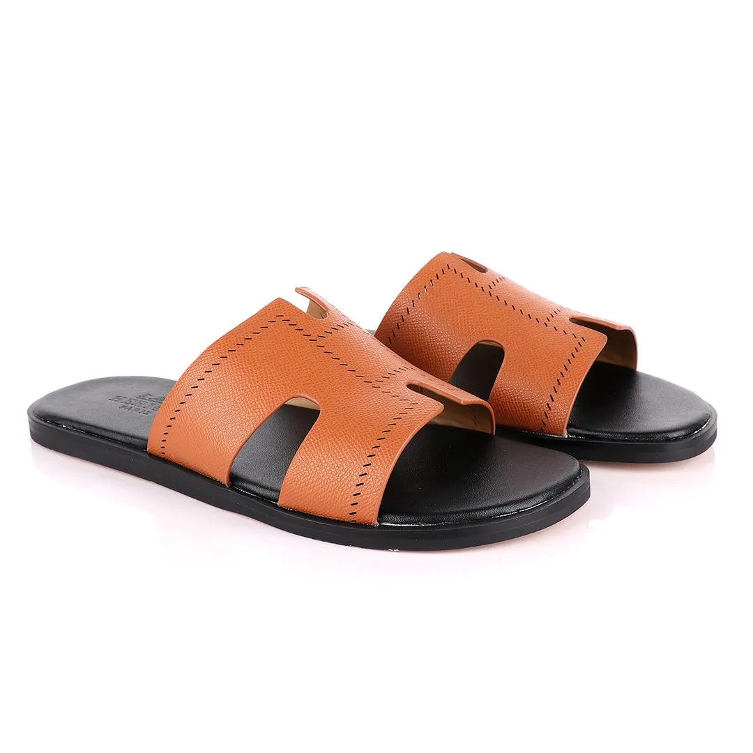 Hermes Paris Brown Black Pattern Design Leather Slippers