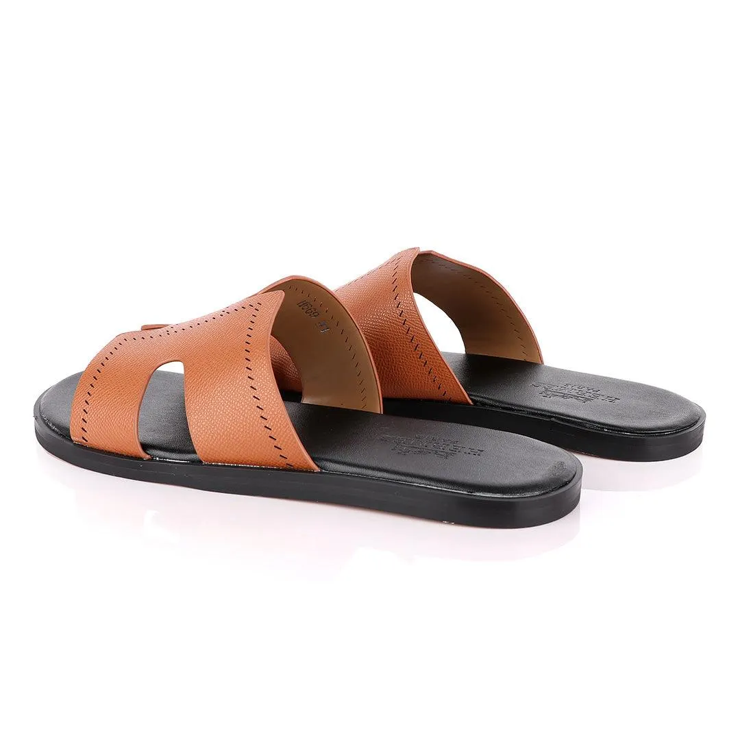 Hermes Paris Brown Black Pattern Design Leather Slippers