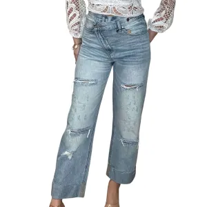 High Rise Ripped Raw Hem Crossover Jeans
