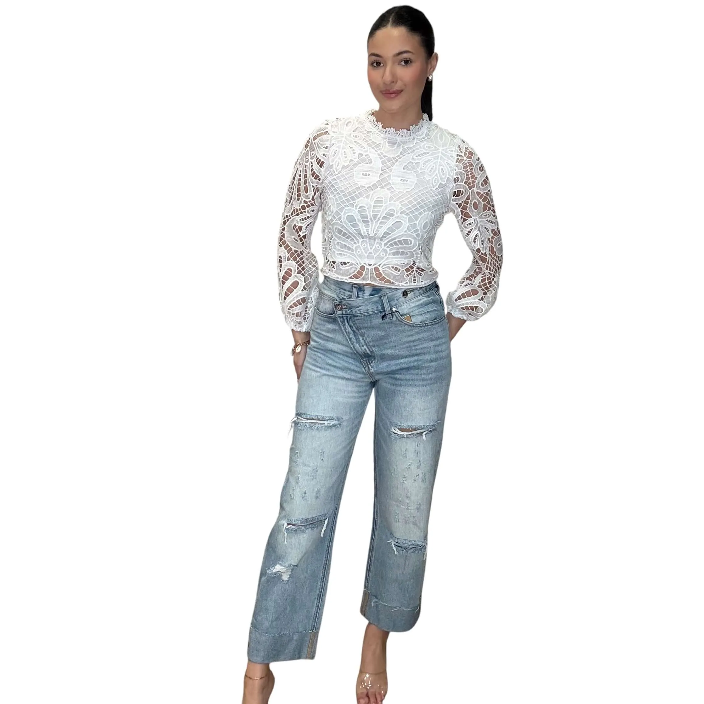 High Rise Ripped Raw Hem Crossover Jeans