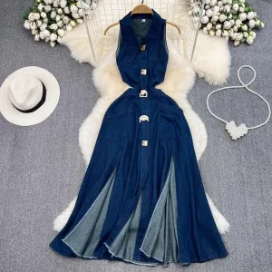 High Waist Sleeveless Denim Dress