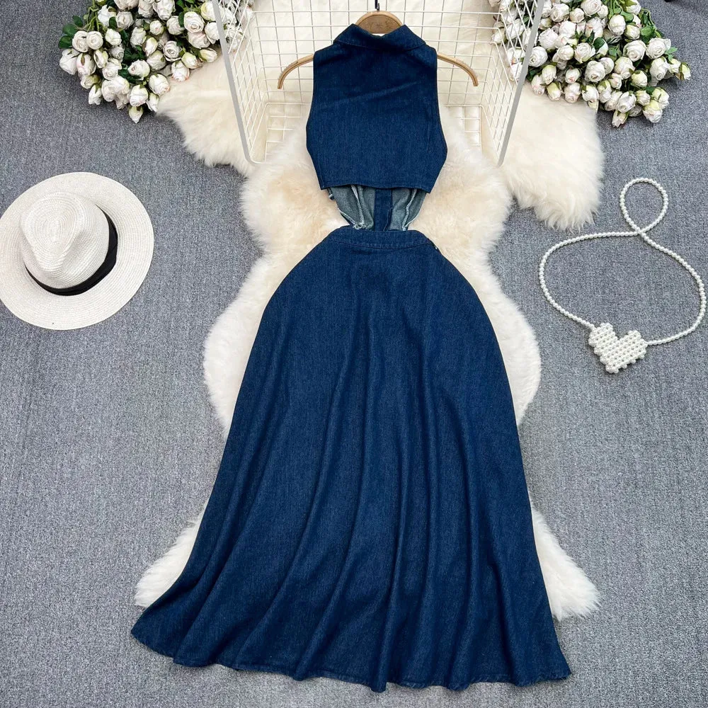 High Waist Sleeveless Denim Dress