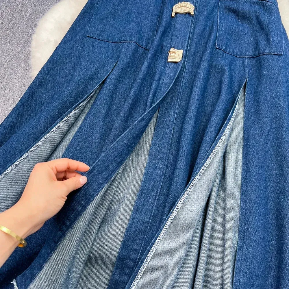 High Waist Sleeveless Denim Dress