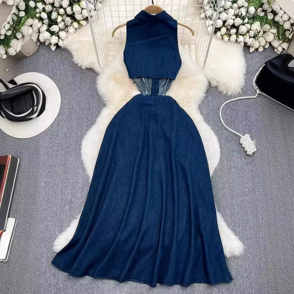 High Waist Sleeveless Denim Dress