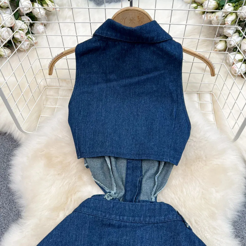 High Waist Sleeveless Denim Dress