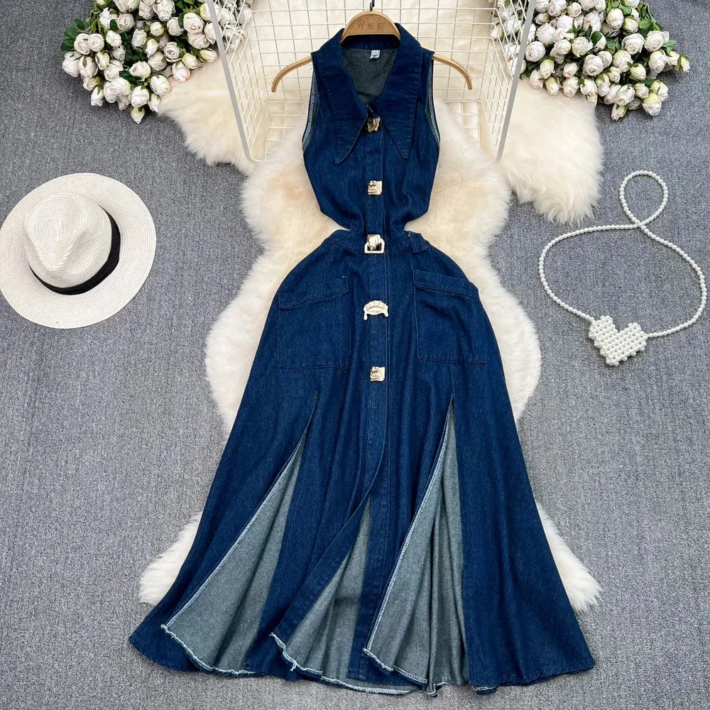 High Waist Sleeveless Denim Dress