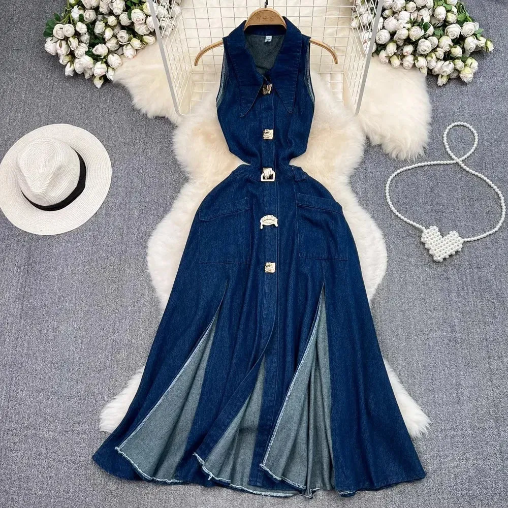 High Waist Sleeveless Denim Dress