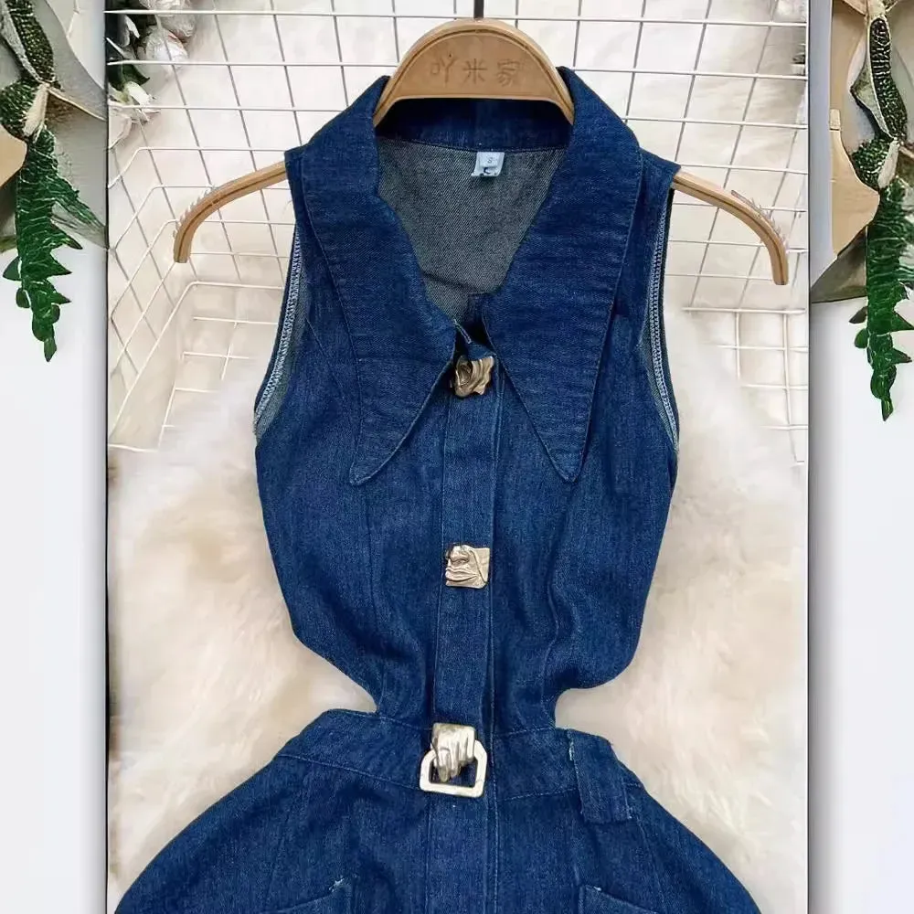 High Waist Sleeveless Denim Dress