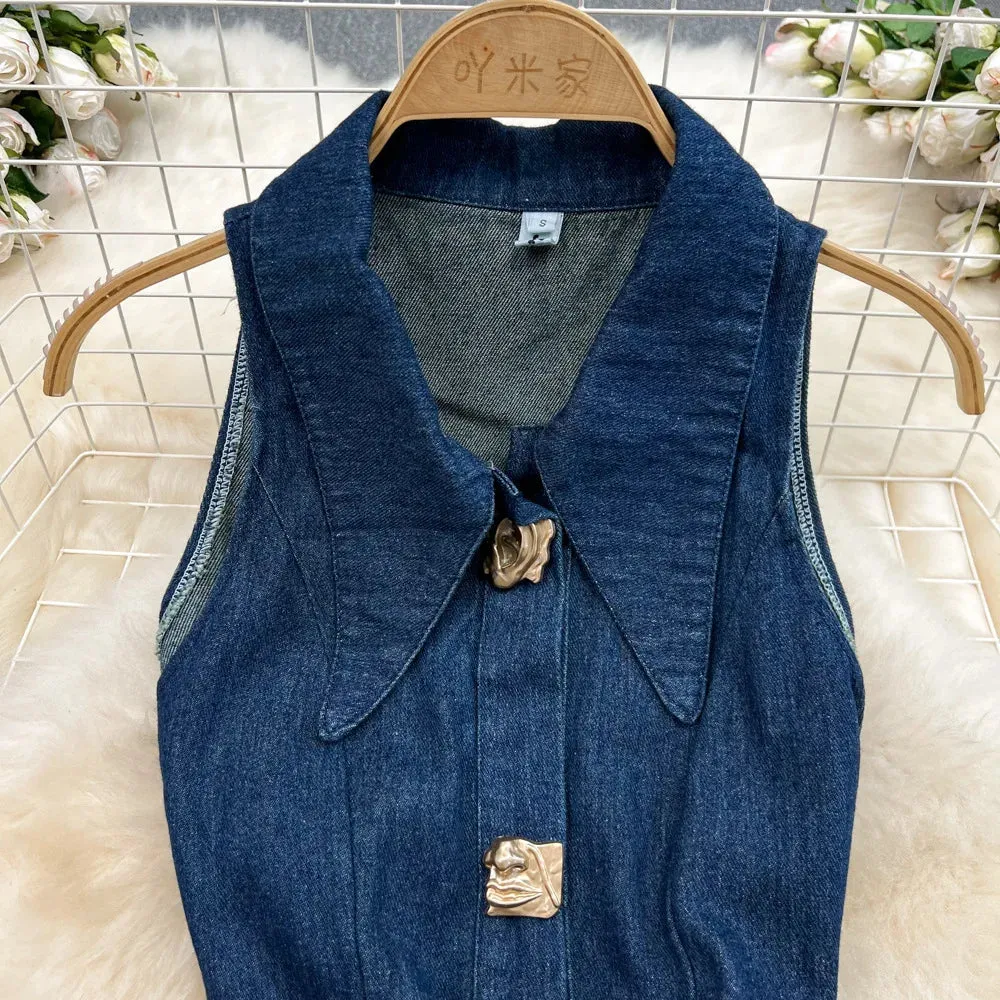 High Waist Sleeveless Denim Dress