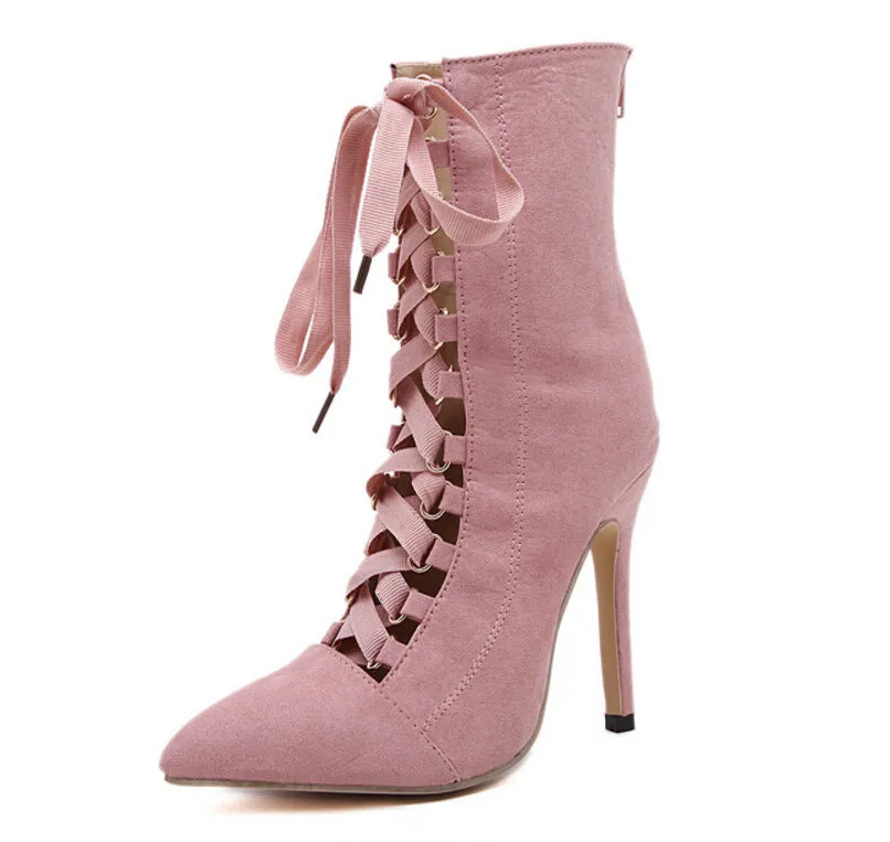 Hollow Out Lace Up Pointed Toe Stiletto High Heels Short Boots Shoes