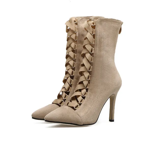 Hollow Out Lace Up Pointed Toe Stiletto High Heels Short Boots Shoes