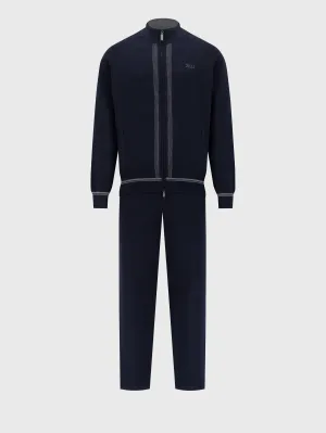 Jogging Suit in Wool and Silk with Lion Embroidery Dark Navy