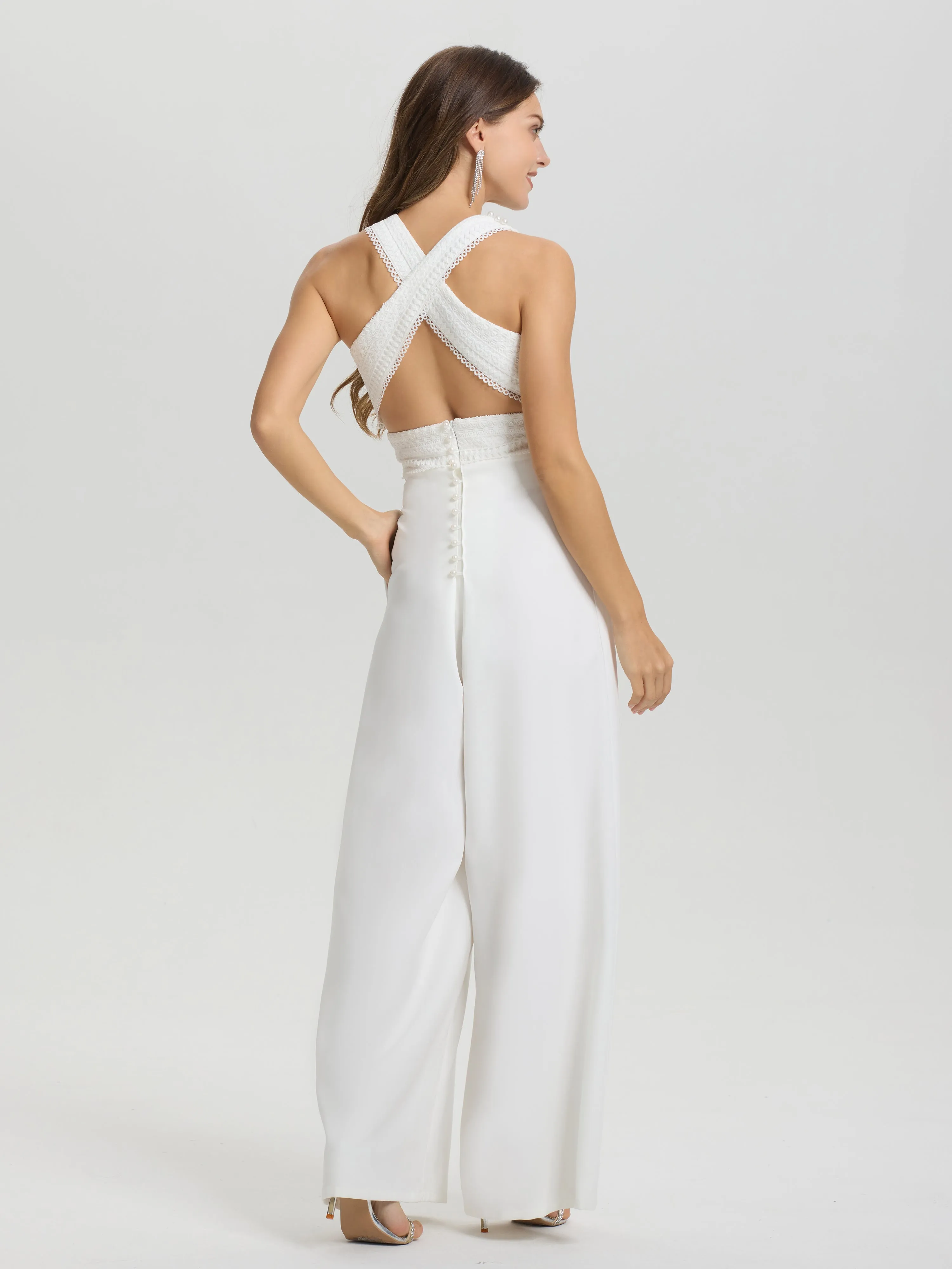 Lace Top Solid Sleeveless Cross Back Wide-Leg Wedding Pantsuit