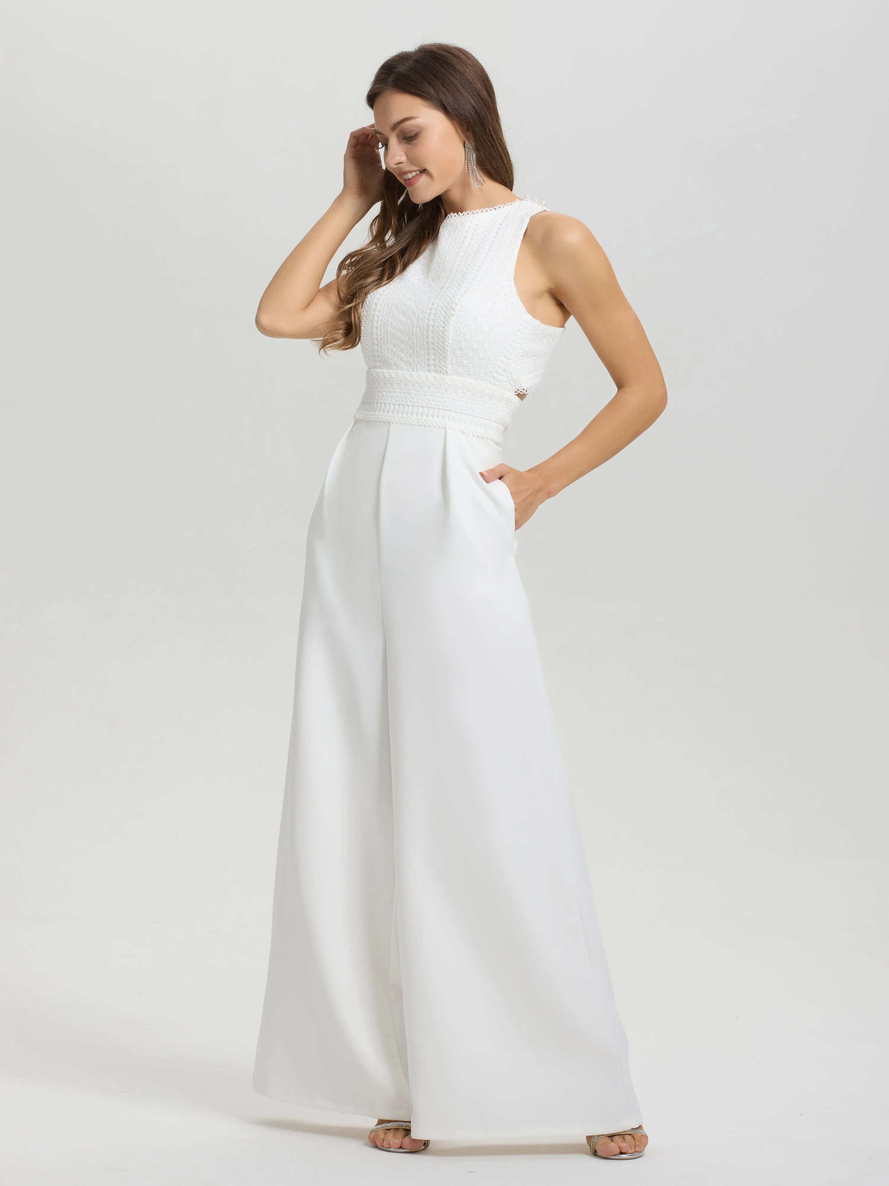 Lace Top Solid Sleeveless Cross Back Wide-Leg Wedding Pantsuit