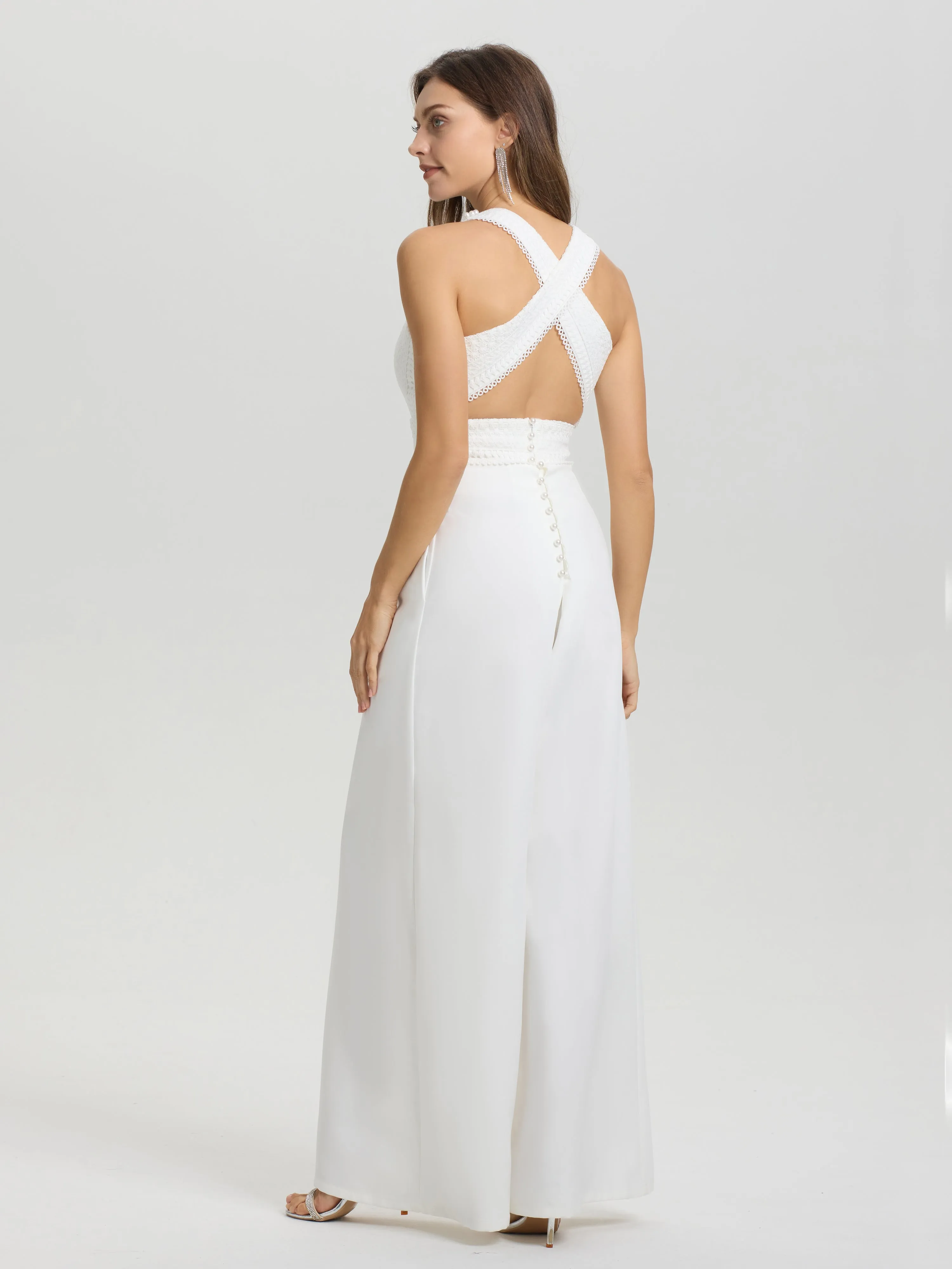 Lace Top Solid Sleeveless Cross Back Wide-Leg Wedding Pantsuit
