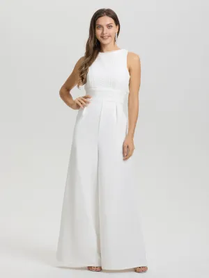 Lace Top Solid Sleeveless Cross Back Wide-Leg Wedding Pantsuit