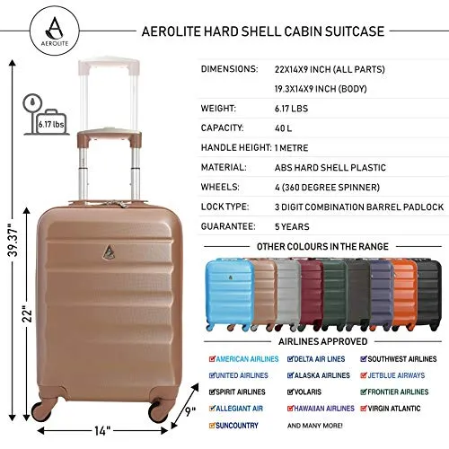 Large Capacity Maximum Allowance 22x14x9 Airline Approved by Delta United Southwest & More Carry On Luggage Bag | Rolling Travel Suitcase | Lightweight Small Hard Shell Trolley | 19.3x14x9in Body Size