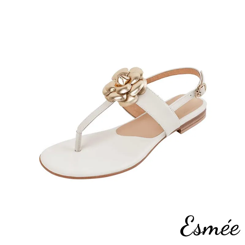 Leather T Straps Sandals with Golden Flower Design