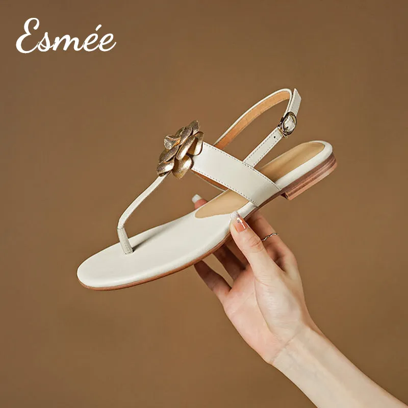 Leather T Straps Sandals with Golden Flower Design
