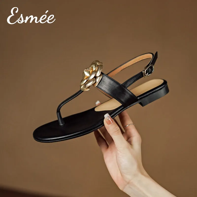 Leather T Straps Sandals with Golden Flower Design