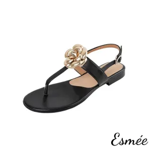 Leather T Straps Sandals with Golden Flower Design
