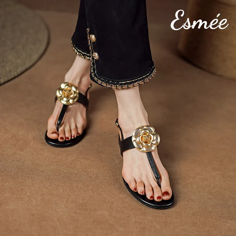Leather T Straps Sandals with Golden Flower Design
