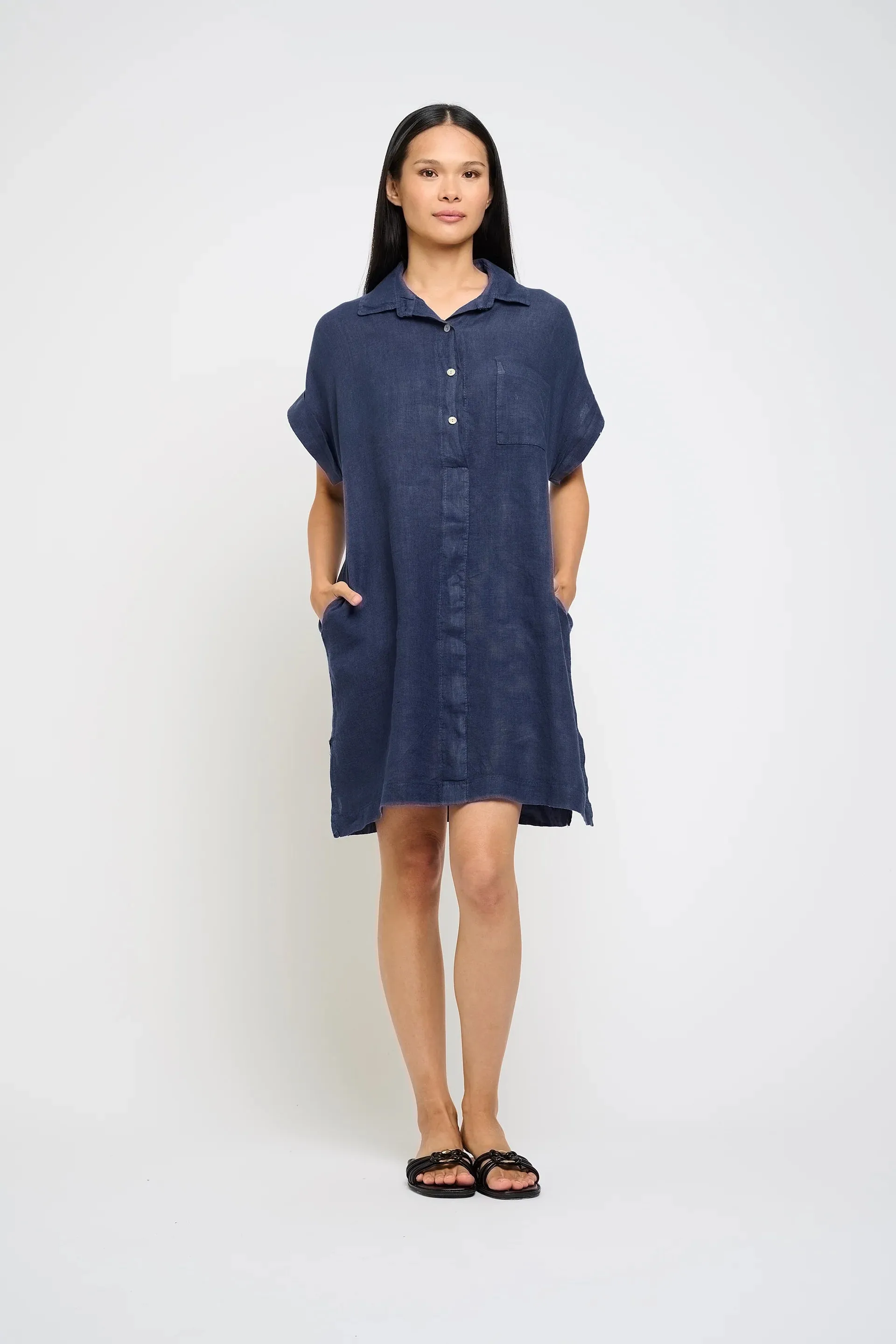 Linen Shirt Dress I Navy