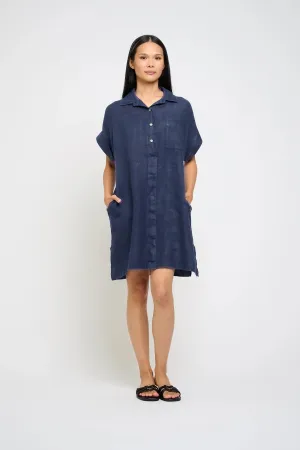 Linen Shirt Dress I Navy