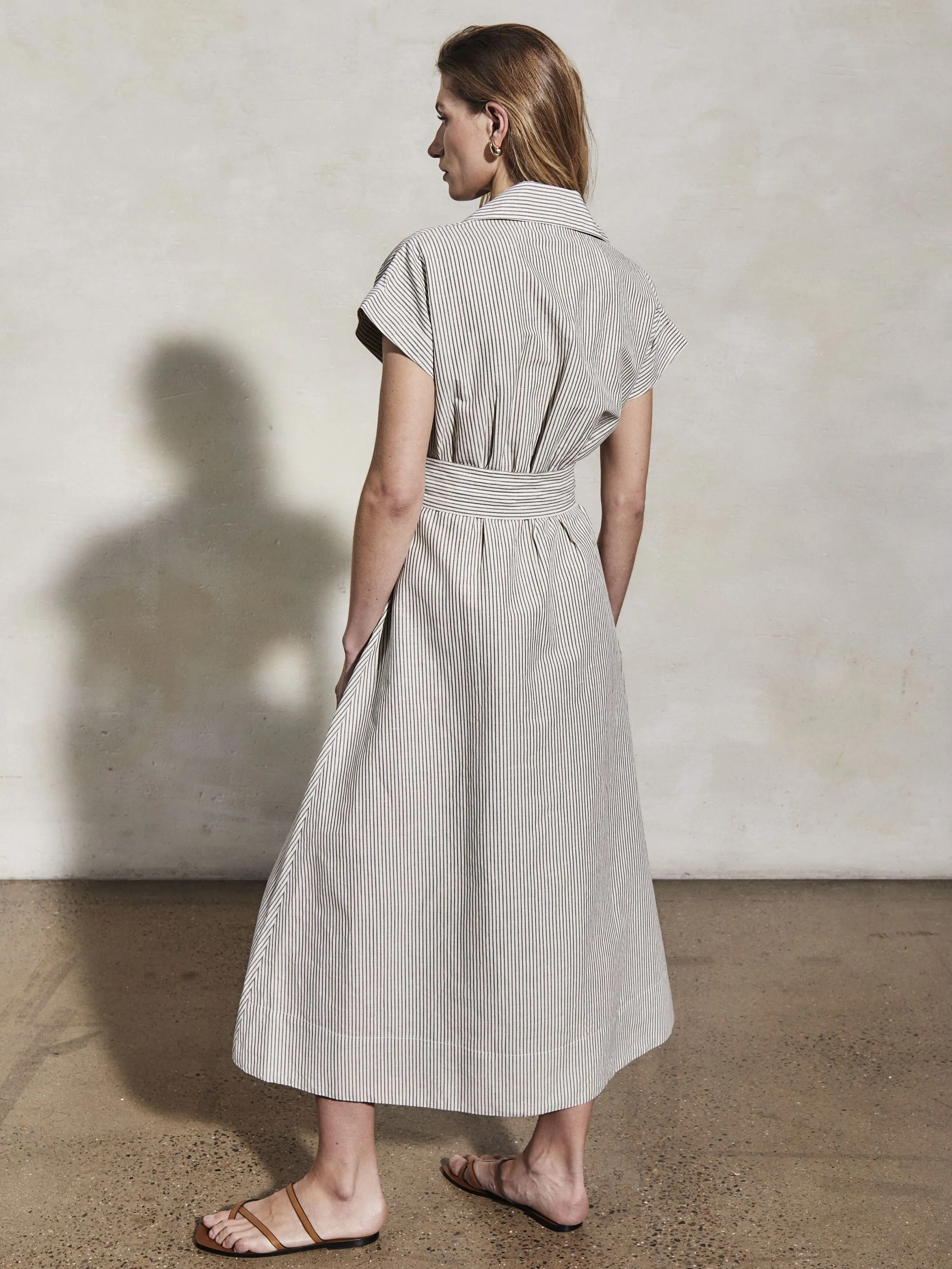 LUCY - White & Moss Linen Weave Dress