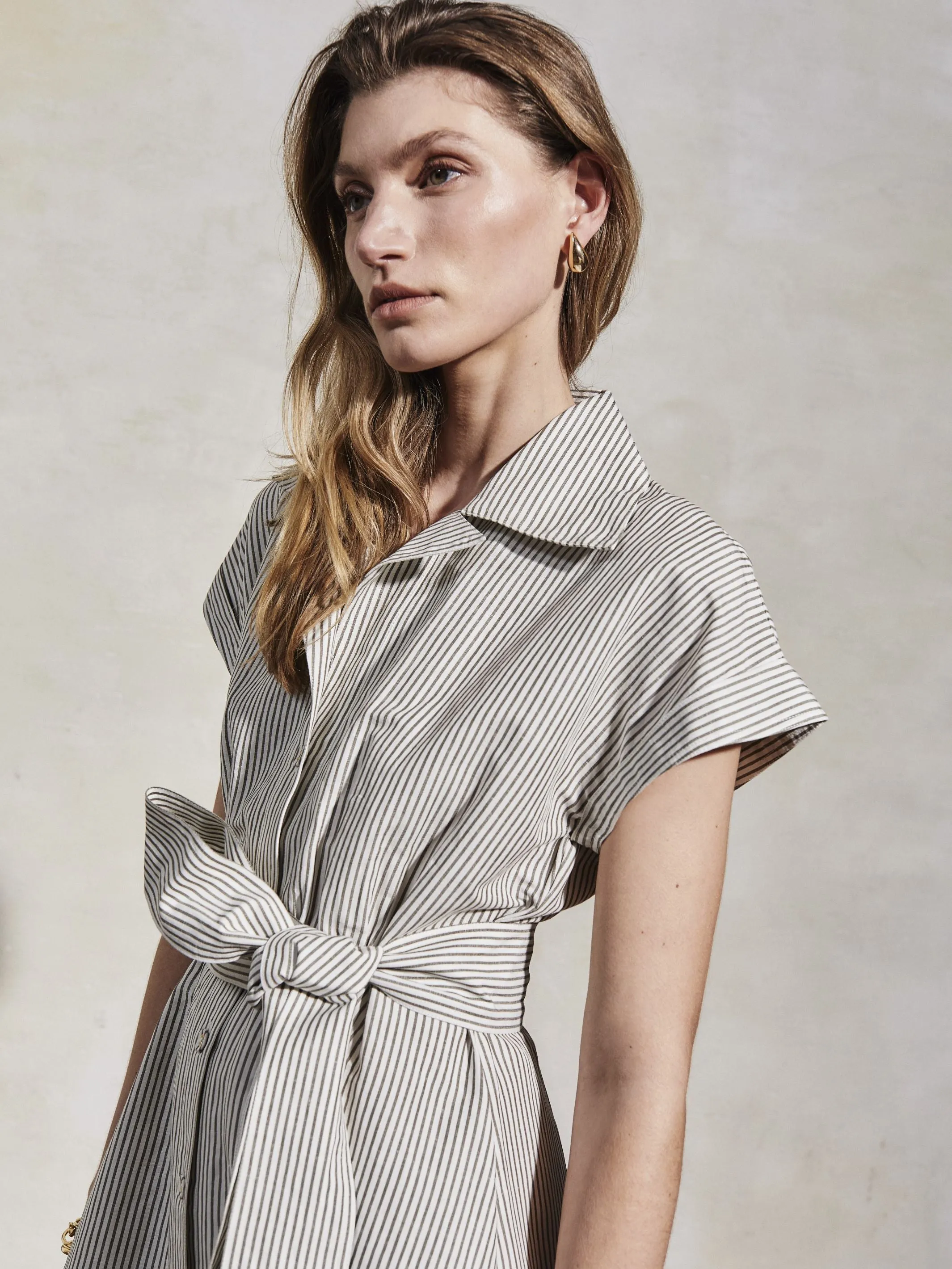 LUCY - White & Moss Linen Weave Dress