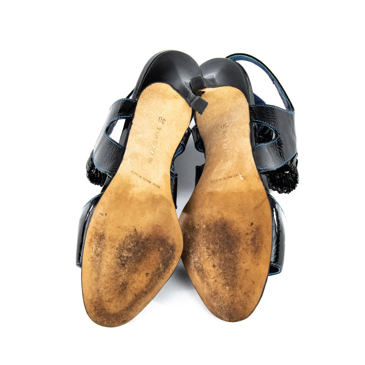 Manolo Blahnik Black Crinkled Patent Slingback Sandals Size US 8 | EU 38